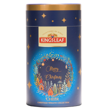 Granatowa tuba Kingsleaf Cheer z czarną herbatą liściastą z Cejlonu, świątecznym wieńcem i napisem Merry Christmas na froncie opakowania.