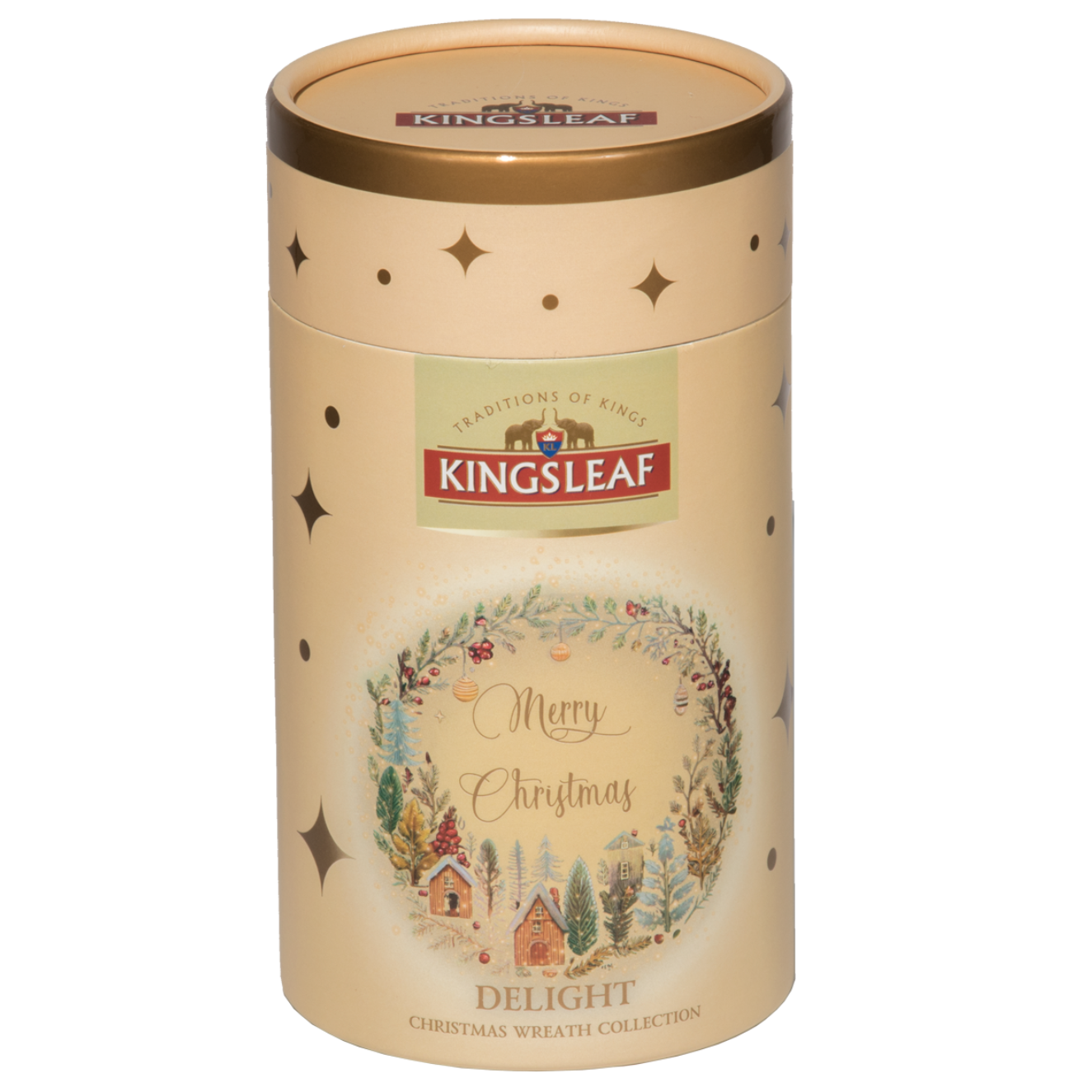 Kingsleaf Delight herbata czarna cejlońska 50 g w eleganckiej kremowej tubie z motywem świątecznego wieńca.