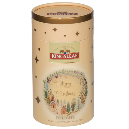 Kingsleaf Delight herbata czarna cejlońska 50 g w eleganckiej kremowej tubie z motywem świątecznego wieńca.