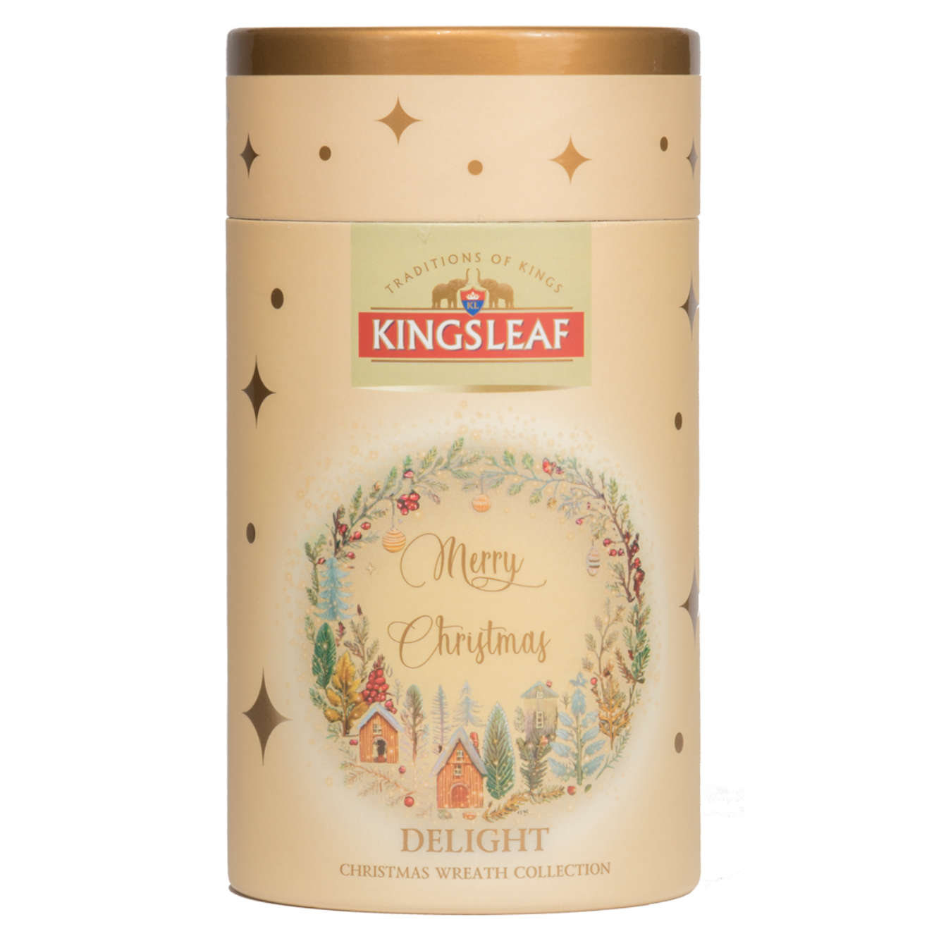 Czarna herbata liściasta Kingsleaf Delight z dodatkiem kawy, cynamonu i miodu w ozdobnym opakowaniu premium.