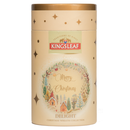 Czarna herbata liściasta Kingsleaf Delight z dodatkiem kawy, cynamonu i miodu w ozdobnym opakowaniu premium.