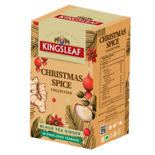 Opakowanie herbaty czarnej Kingsleaf Black Tea Ginger w kopertach, 20 torebek z aromatem imbirowym, świąteczna kolekcja Christmas Spice.