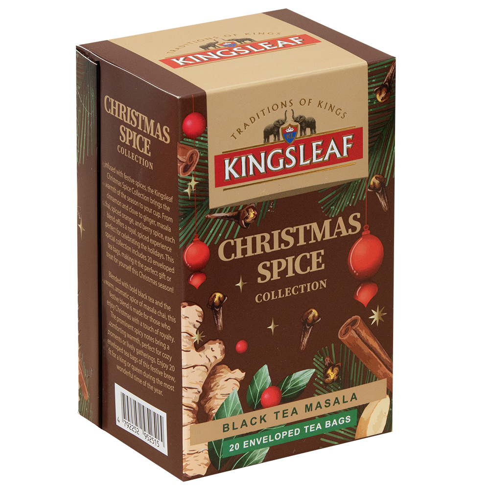 Opakowanie czarnej herbaty Kingsleaf Christmas Spice Black Tea Masala z imbirem, cynamonem i goździkami.