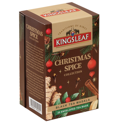 Opakowanie czarnej herbaty Kingsleaf Christmas Spice Black Tea Masala z imbirem, cynamonem i goździkami.