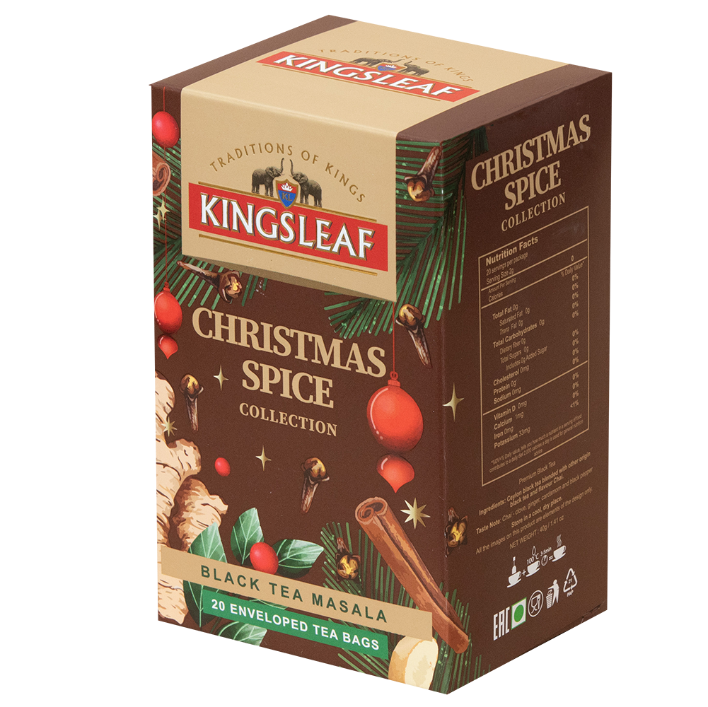 Świąteczna czarna herbata Kingsleaf Christmas Spice Black Tea Masala w kopertach, opakowanie widoczne z przodu i boku.