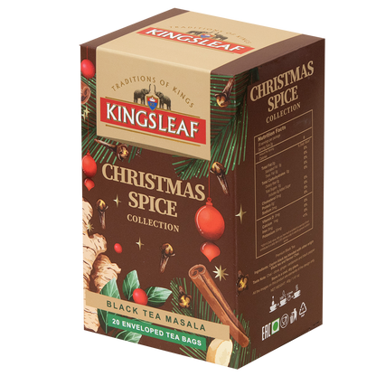 Świąteczna czarna herbata Kingsleaf Christmas Spice Black Tea Masala w kopertach, opakowanie widoczne z przodu i boku.