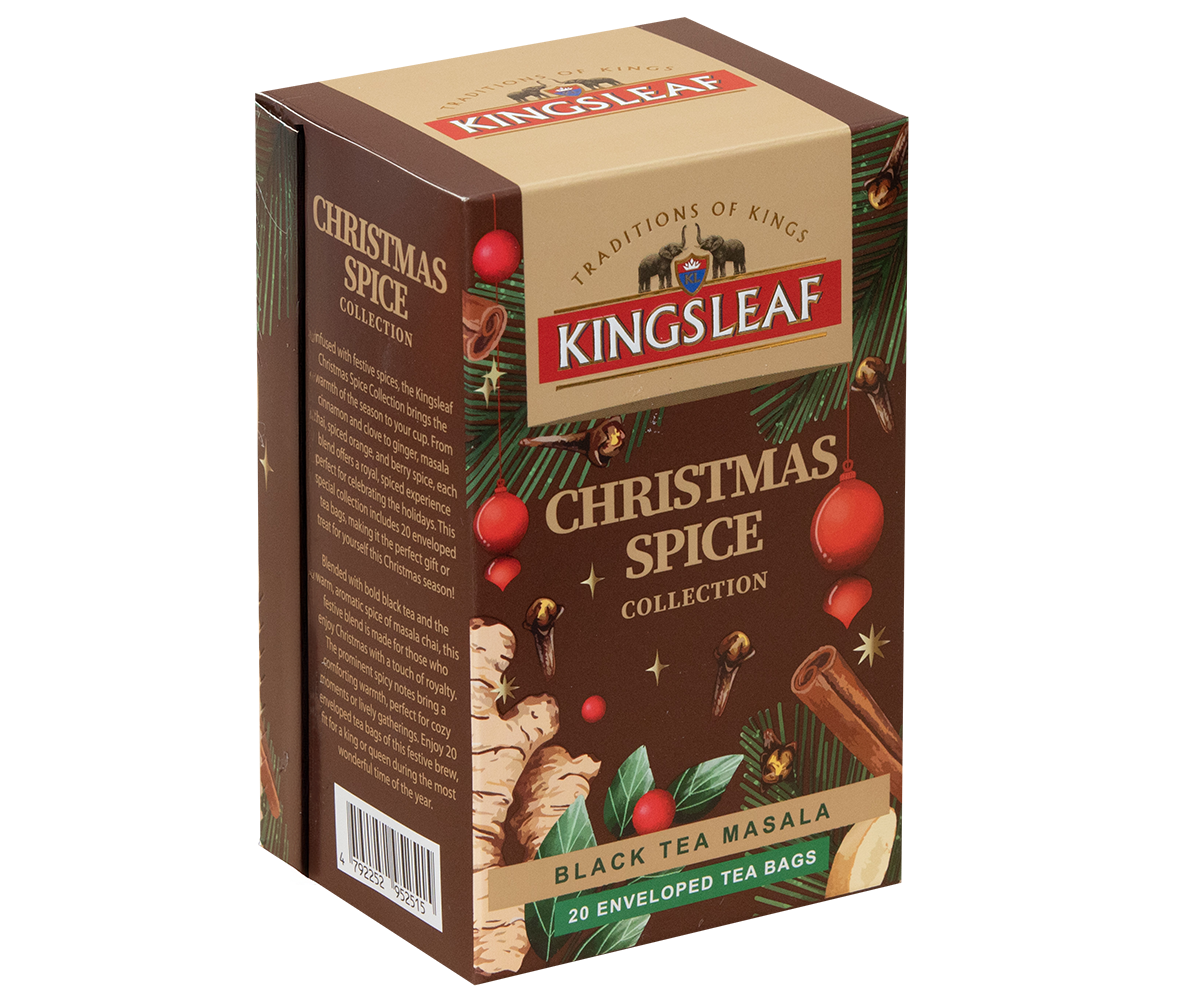 Herbata Kingsleaf Black Tea Masala w świątecznym, brązowym opakowaniu z korzennymi przyprawami.