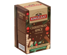Herbata Kingsleaf Black Tea Masala w świątecznym, brązowym opakowaniu z korzennymi przyprawami.