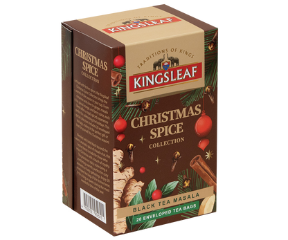 Herbata Kingsleaf Black Tea Masala w świątecznym, brązowym opakowaniu z korzennymi przyprawami.