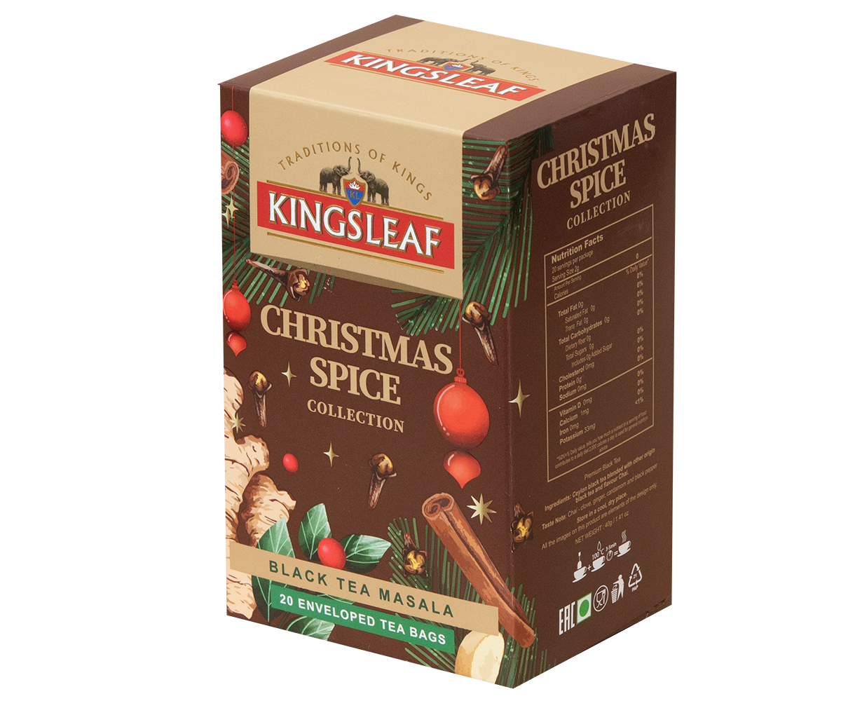 Kartonik Kingsleaf Black Tea Masala z widocznymi saszetkami herbaty.