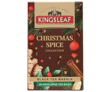 Opakowanie Kingsleaf Black Tea Masala zaprezentowane pod kątem, z grafiką imbiru, goździków i cynamonu.