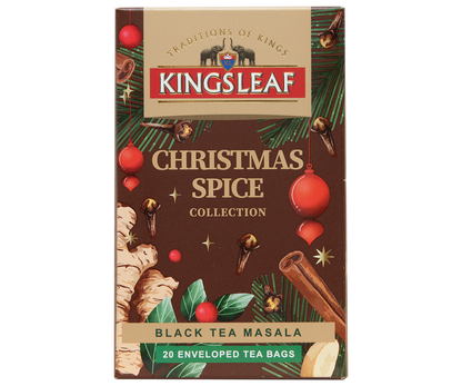 Opakowanie Kingsleaf Black Tea Masala zaprezentowane pod kątem, z grafiką imbiru, goździków i cynamonu.