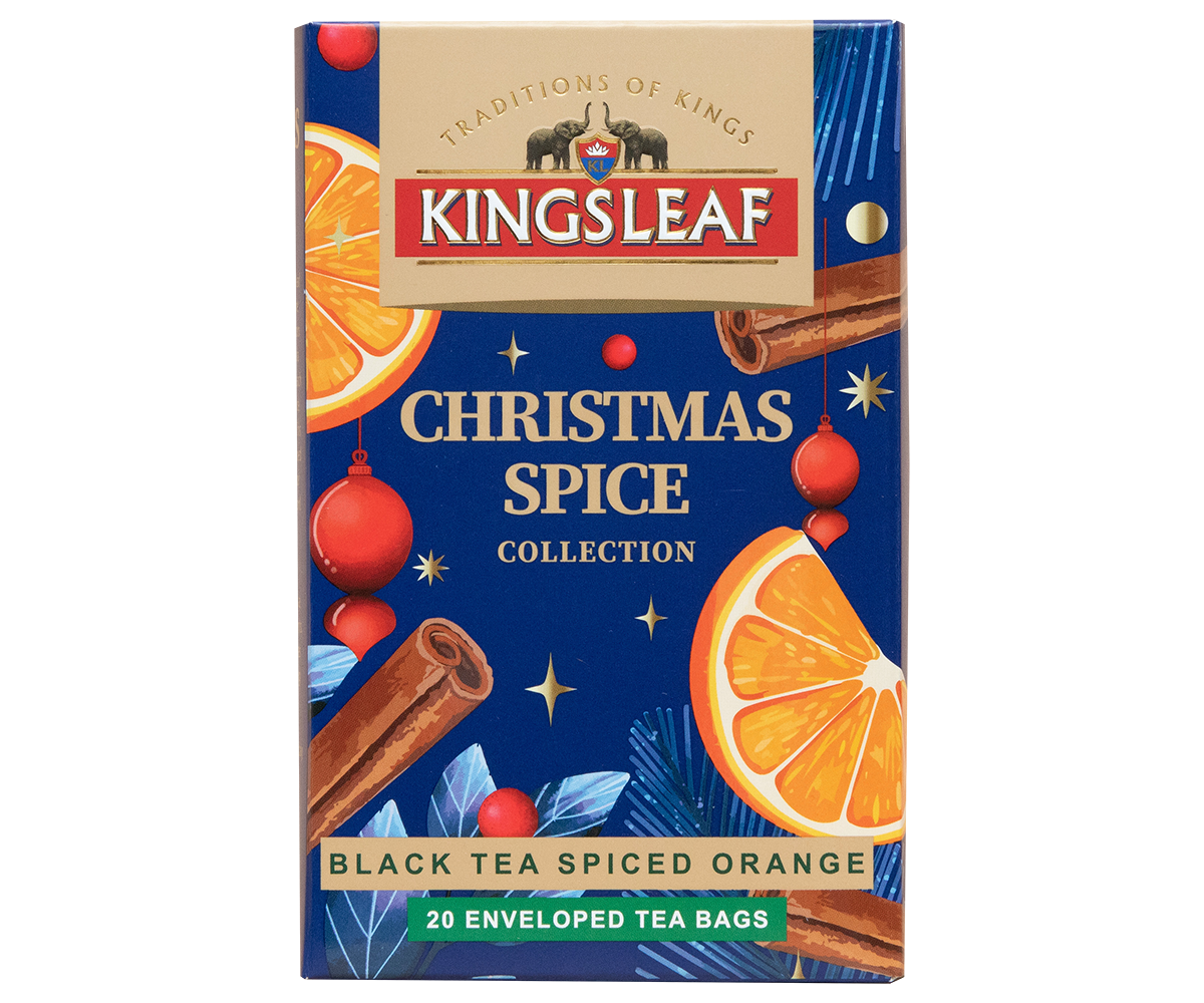 Herbata Kingsleaf Black Tea Spiced Orange w świątecznym granatowym opakowaniu z pomarańczą i cynamonem.
