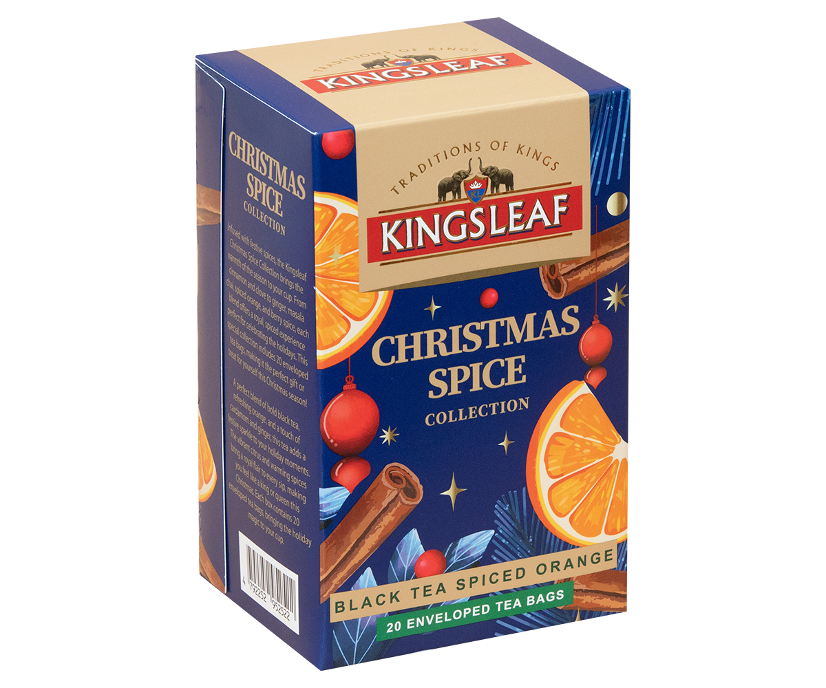 Otwarta herbata Kingsleaf Black Tea Spiced Orange z widocznymi saszetkami w środku.