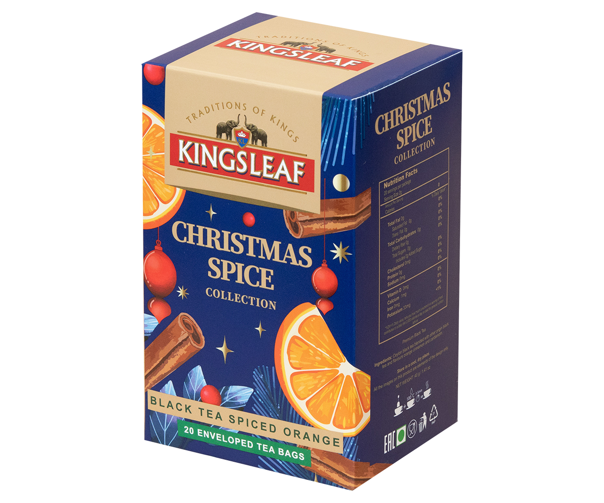 Kartonik Kingsleaf Black Tea Spiced Orange zaprezentowany pod kątem, z elementami świątecznej grafiki.