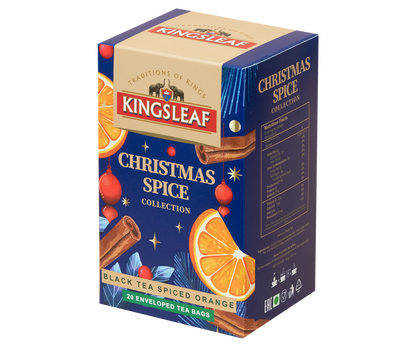 Kartonik Kingsleaf Black Tea Spiced Orange zaprezentowany pod kątem, z elementami świątecznej grafiki.