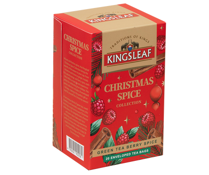 Kartonik Kingsleaf Green Tea Berry Spice zaprezentowany pod kątem z detalami kolekcji Christmas Spice.