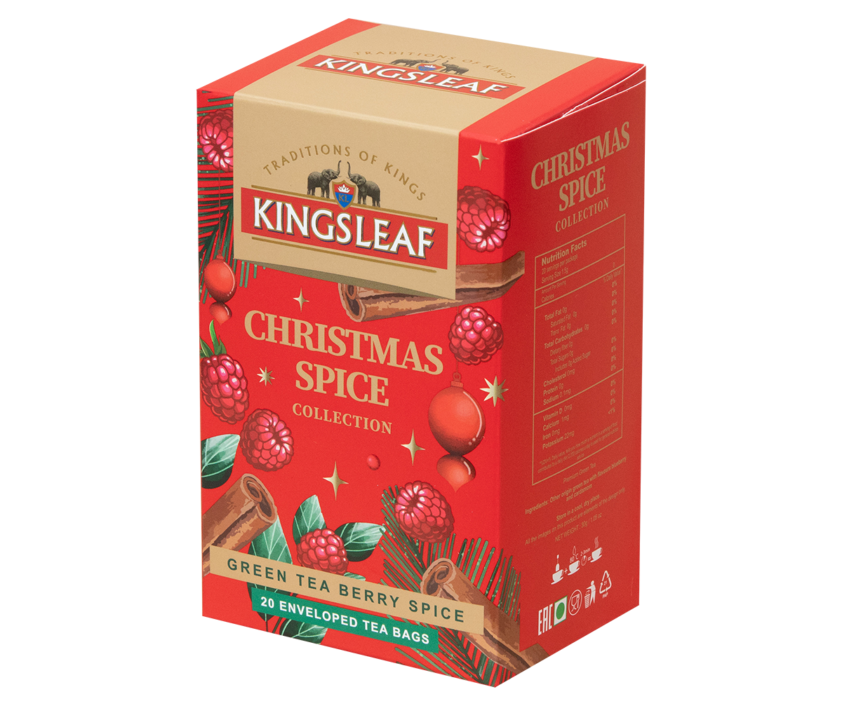 Opakowanie Kingsleaf Green Tea Berry Spice z grafiką malin, cynamonu i świątecznych ozdób.
