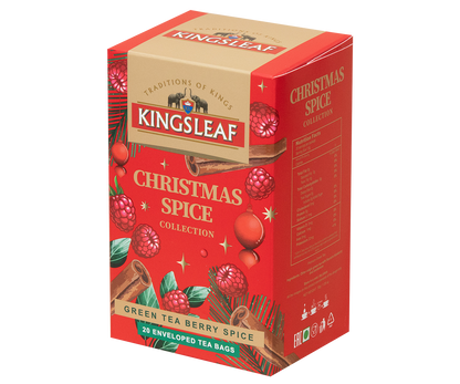 Opakowanie Kingsleaf Green Tea Berry Spice z grafiką malin, cynamonu i świątecznych ozdób.