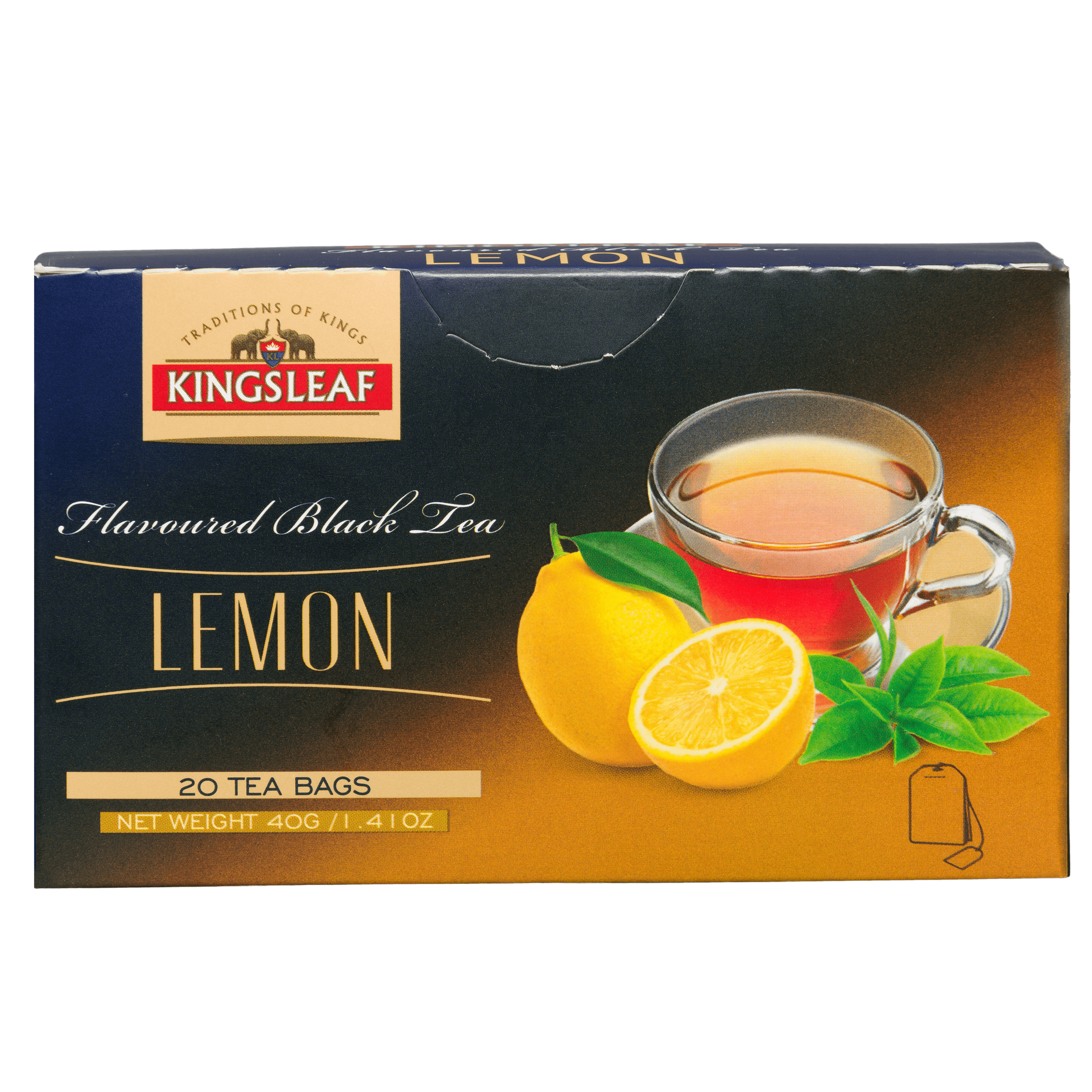 Opakowanie herbaty Kingsleaf Lemon z grafiką filiżanki herbaty i świeżej cytryny.