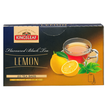 Opakowanie herbaty Kingsleaf Lemon z grafiką filiżanki herbaty i świeżej cytryny.