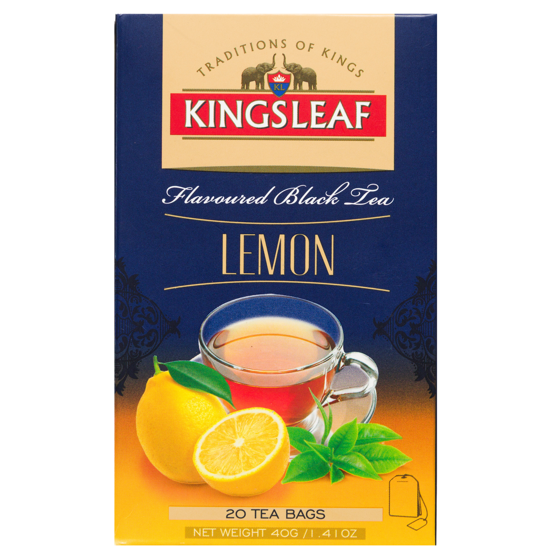 Przód opakowania Kingsleaf Lemon, czarna herbata z aromatem cytrynowym w saszetkach.