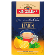 Przód opakowania Kingsleaf Lemon, czarna herbata z aromatem cytrynowym w saszetkach.