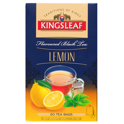 Przód opakowania Kingsleaf Lemon, czarna herbata z aromatem cytrynowym w saszetkach.