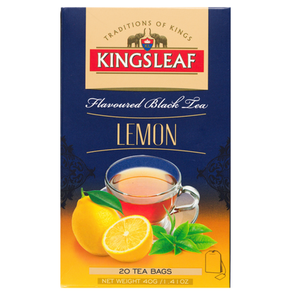 Przód opakowania Kingsleaf Lemon, czarna herbata z aromatem cytrynowym w saszetkach.