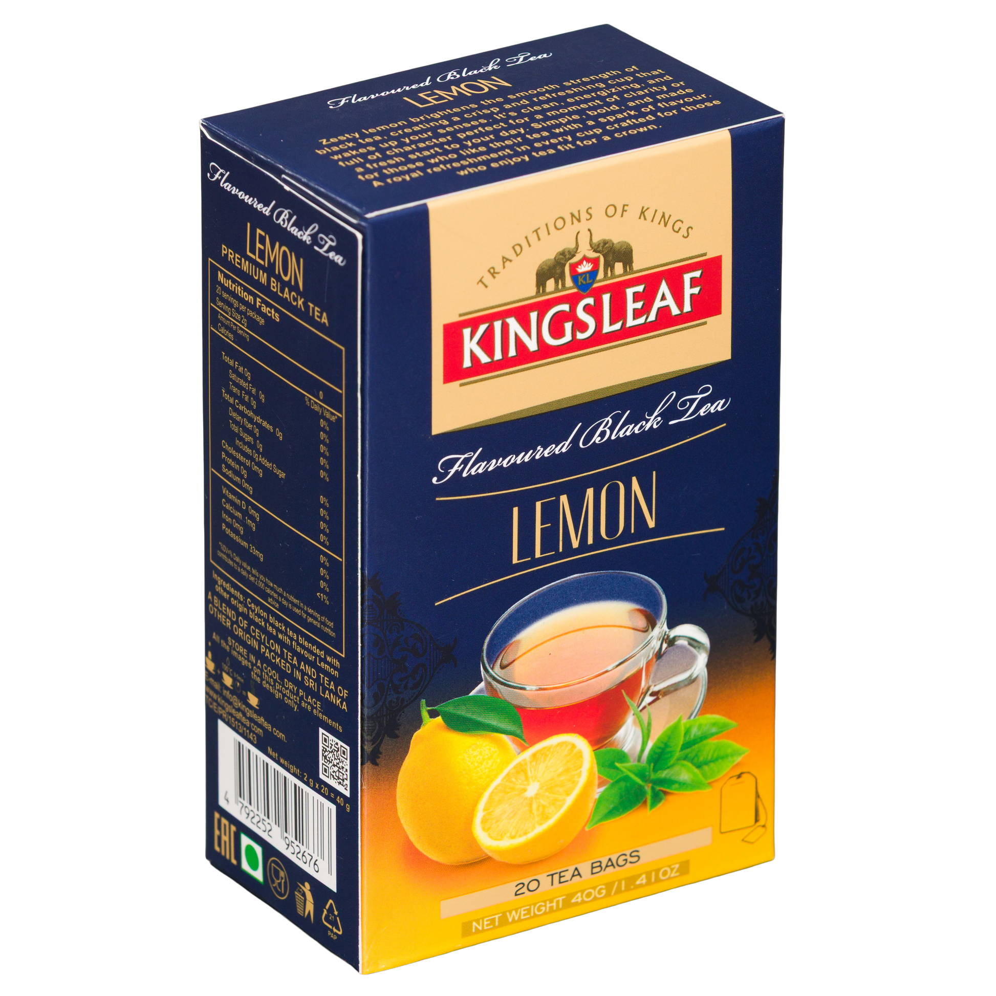 Herbata Kingsleaf Lemon w kartoniku premium, widok opakowania pod kątem z boku.