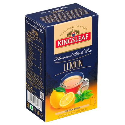 Herbata Kingsleaf Lemon w kartoniku premium, widok opakowania pod kątem z boku.