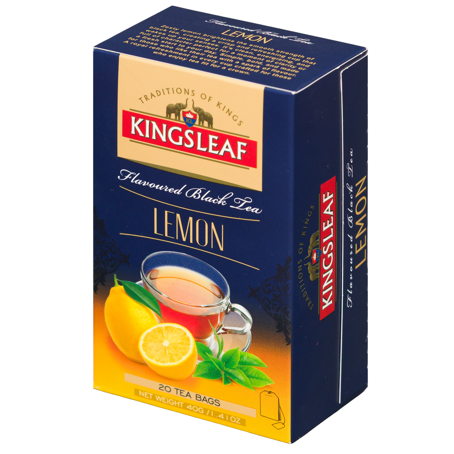 Czarna herbata Kingsleaf Lemon 20 x 2 g z cytrynowym aromatem, opakowanie prezentowe.