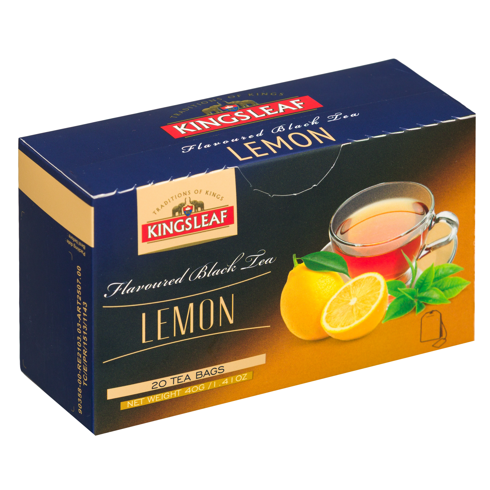 Kingsleaf Lemon herbata smakowa z cytryną, kartonik z widokiem produktu z perspektywy.