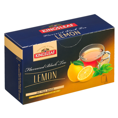 Kingsleaf Lemon herbata smakowa z cytryną, kartonik z widokiem produktu z perspektywy.