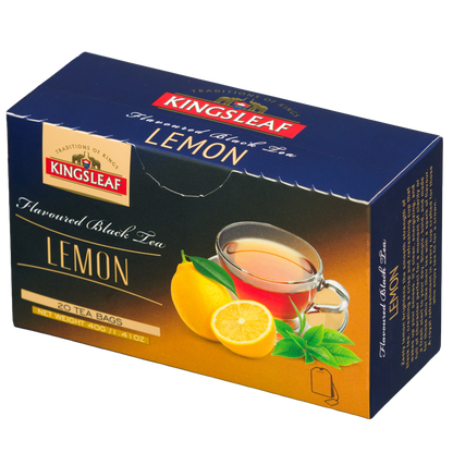Kingsleaf Lemon czarna herbata cytrynowa 20 saszetek w eleganckim granatowym opakowaniu.