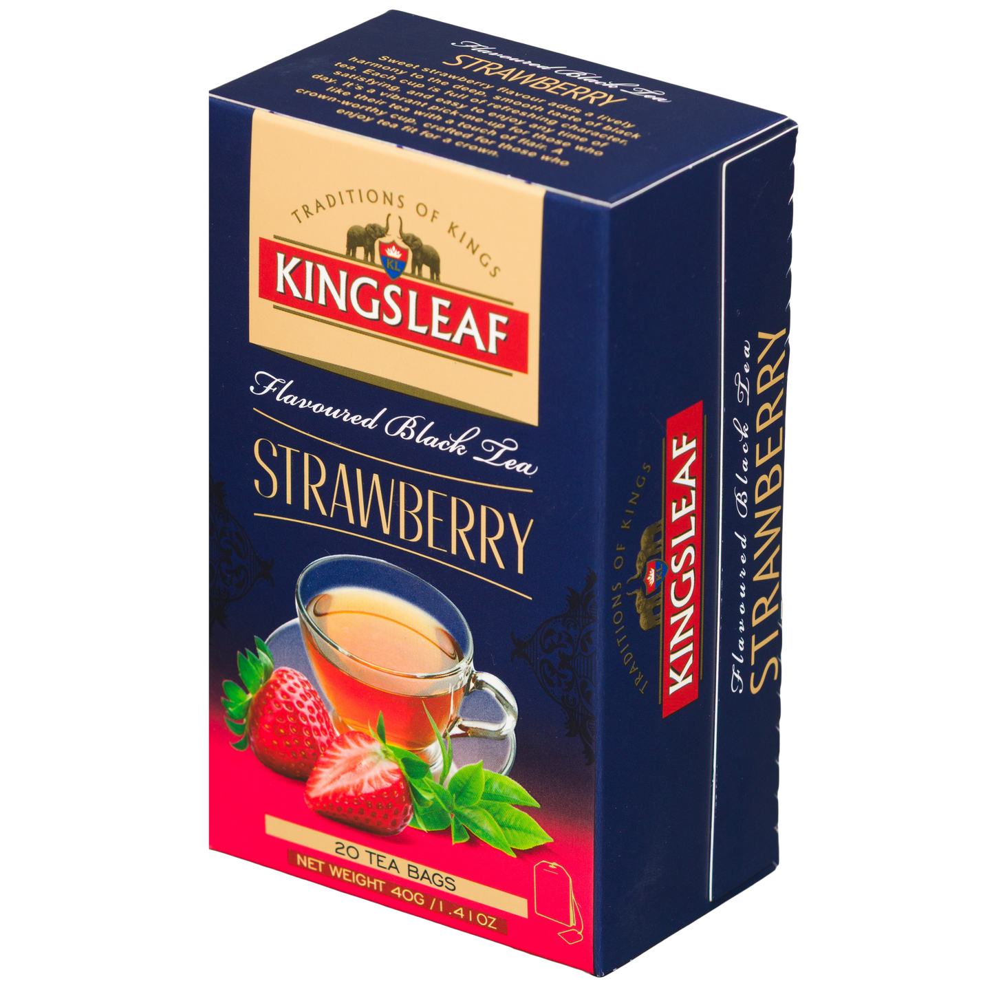Czarna herbata Kingsleaf Strawberry w eleganckim granatowo czerwonym opakowaniu, widok boczny i przedni pudełka.