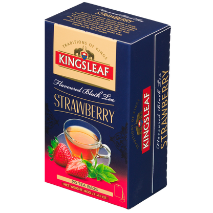 Czarna herbata Kingsleaf Strawberry w eleganckim granatowo czerwonym opakowaniu, widok boczny i przedni pudełka.