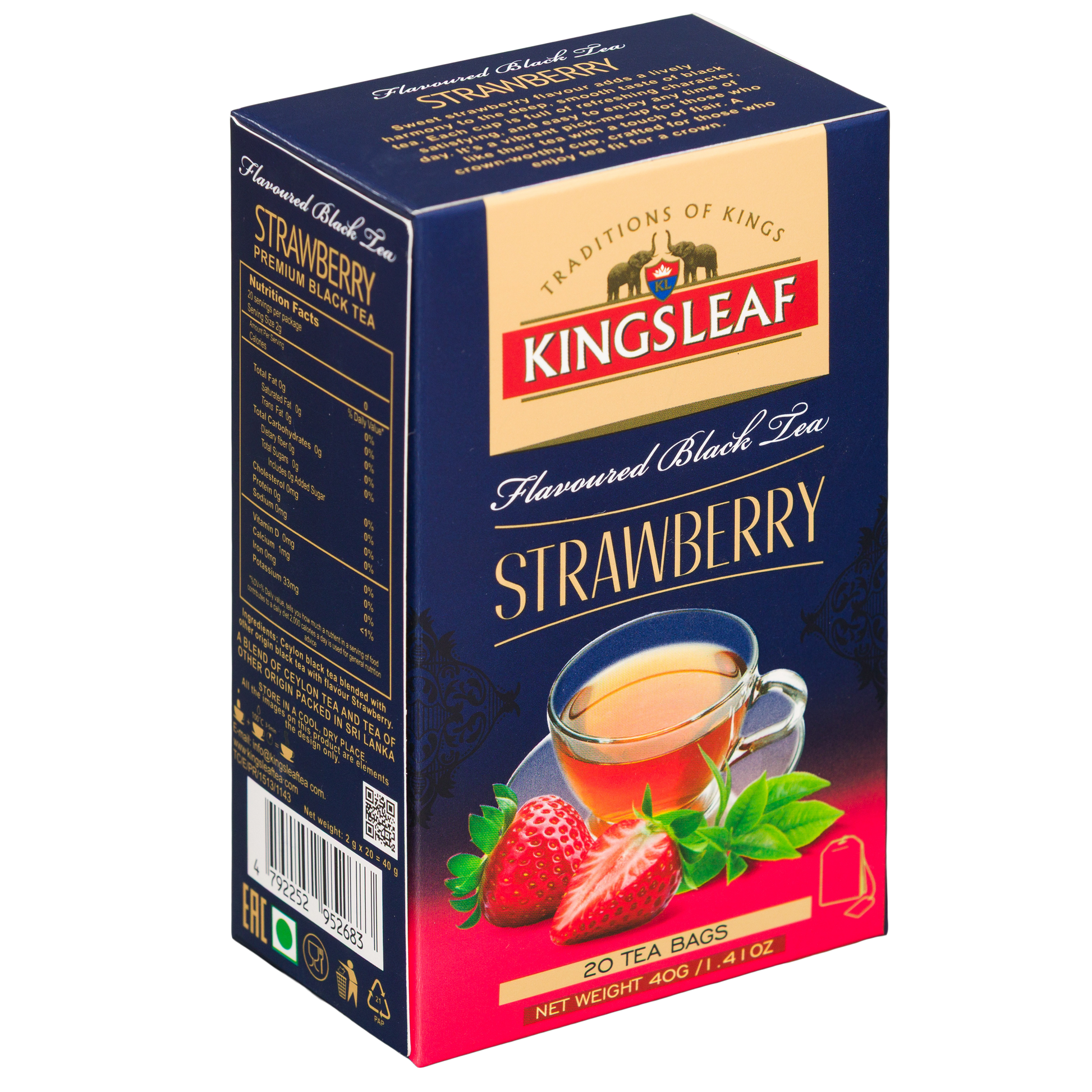 Kingsleaf Strawberry herbata truskawkowa w torebkach, opakowanie z widocznym bokiem, kodem kreskowym i informacjami producenta.
