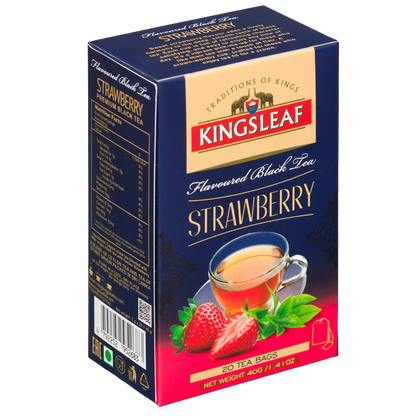 Kingsleaf Strawberry herbata truskawkowa w torebkach, opakowanie z widocznym bokiem, kodem kreskowym i informacjami producenta.