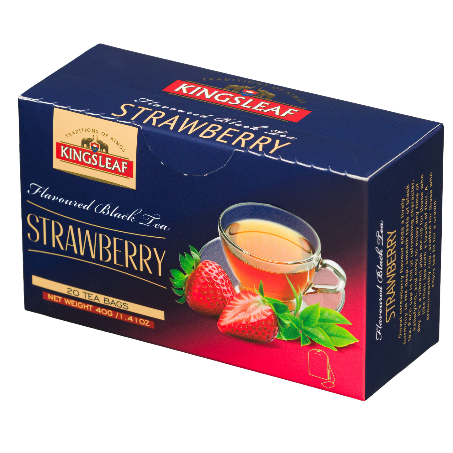 Herbata czarna Kingsleaf Strawberry 20 torebek, pudełko z grafiką truskawek i filiżanki herbaty pokazane pod kątem.