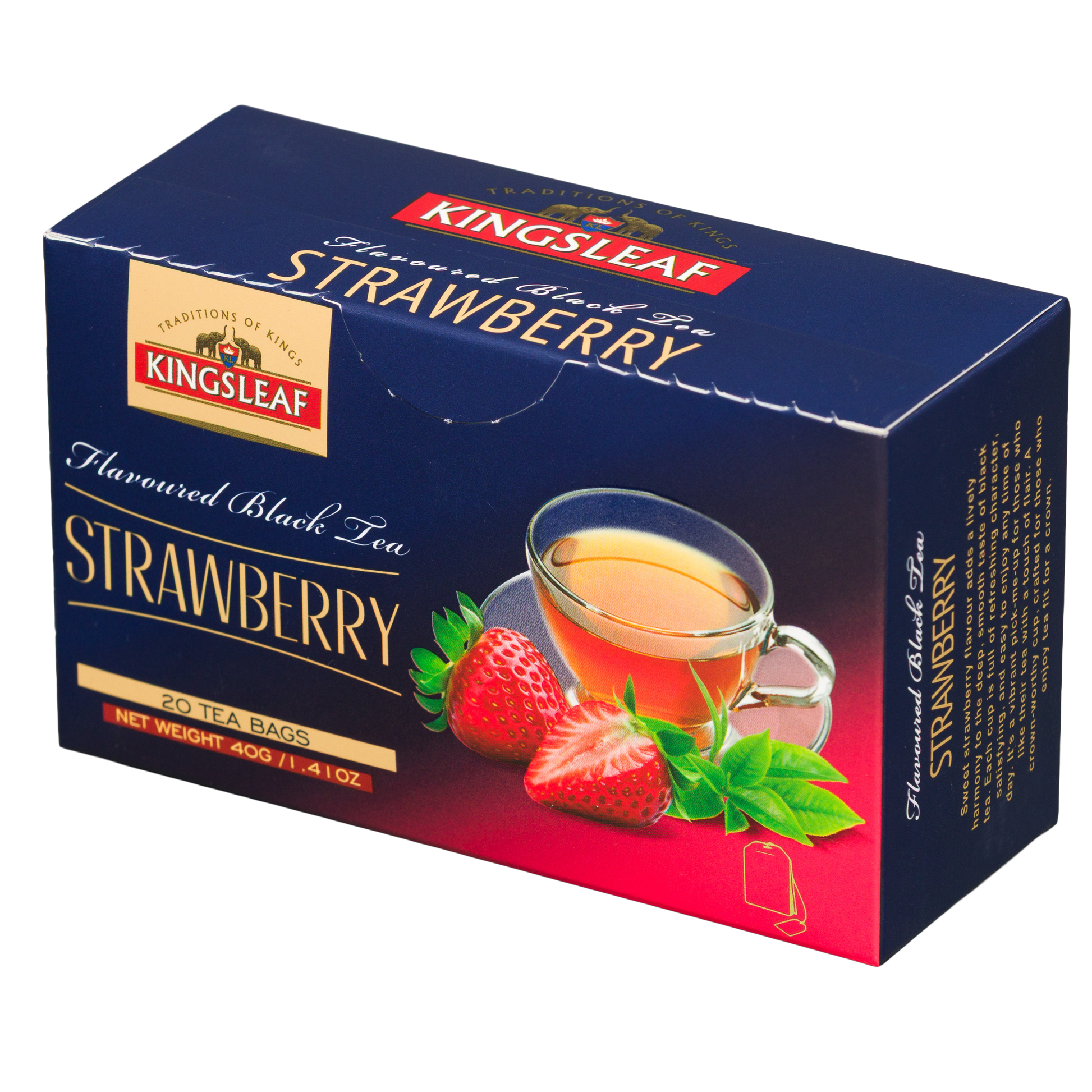 Herbata czarna Kingsleaf Strawberry 20 torebek, pudełko z grafiką truskawek i filiżanki herbaty pokazane pod kątem.