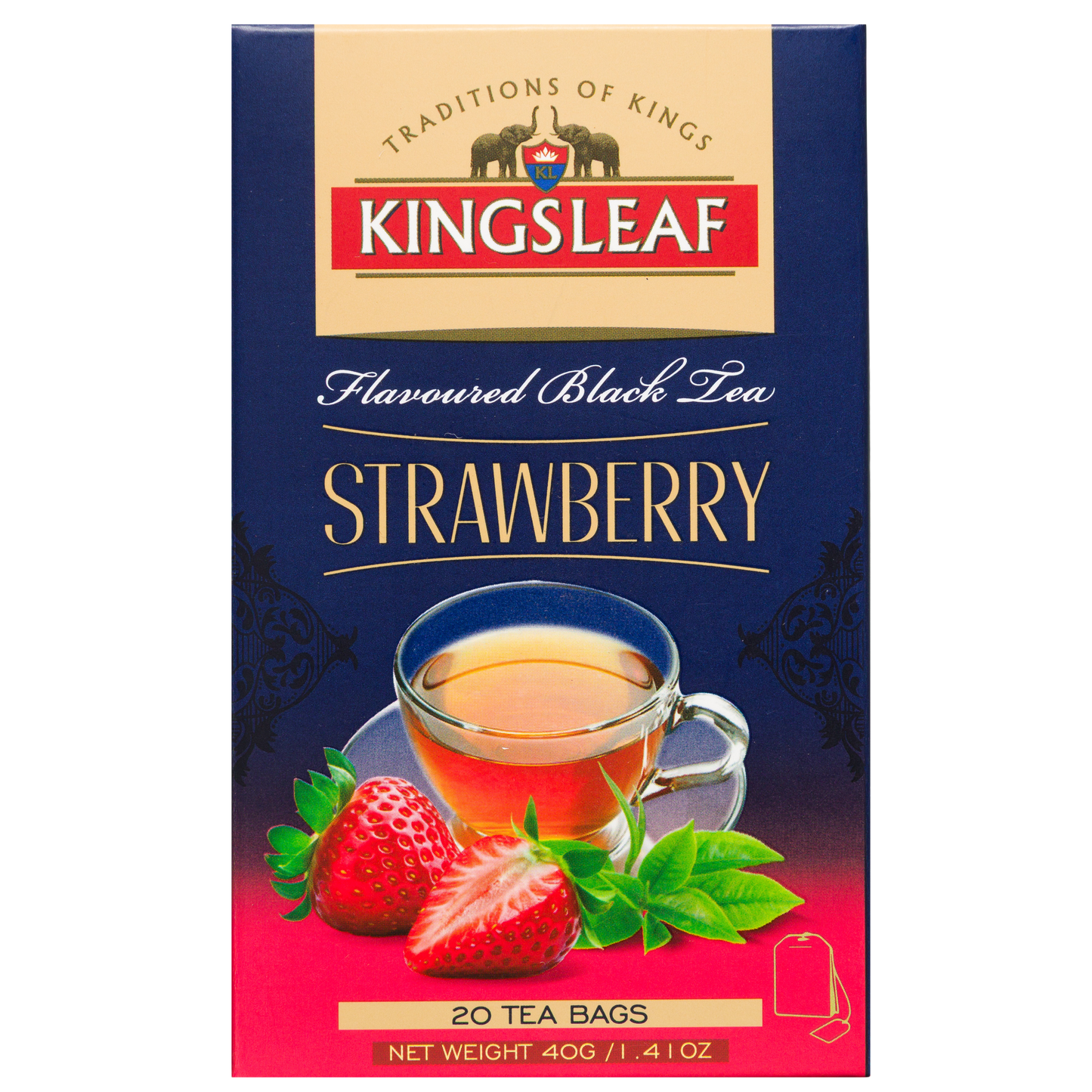 Kingsleaf Strawberry czarna herbata truskawkowa w torebkach, opakowanie z grafiką filiżanki herbaty i truskawek widoczne z przodu.