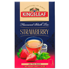 Kingsleaf Strawberry czarna herbata truskawkowa w torebkach, opakowanie z grafiką filiżanki herbaty i truskawek widoczne z przodu.