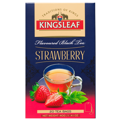 Kingsleaf Strawberry czarna herbata truskawkowa w torebkach, opakowanie z grafiką filiżanki herbaty i truskawek widoczne z przodu.
