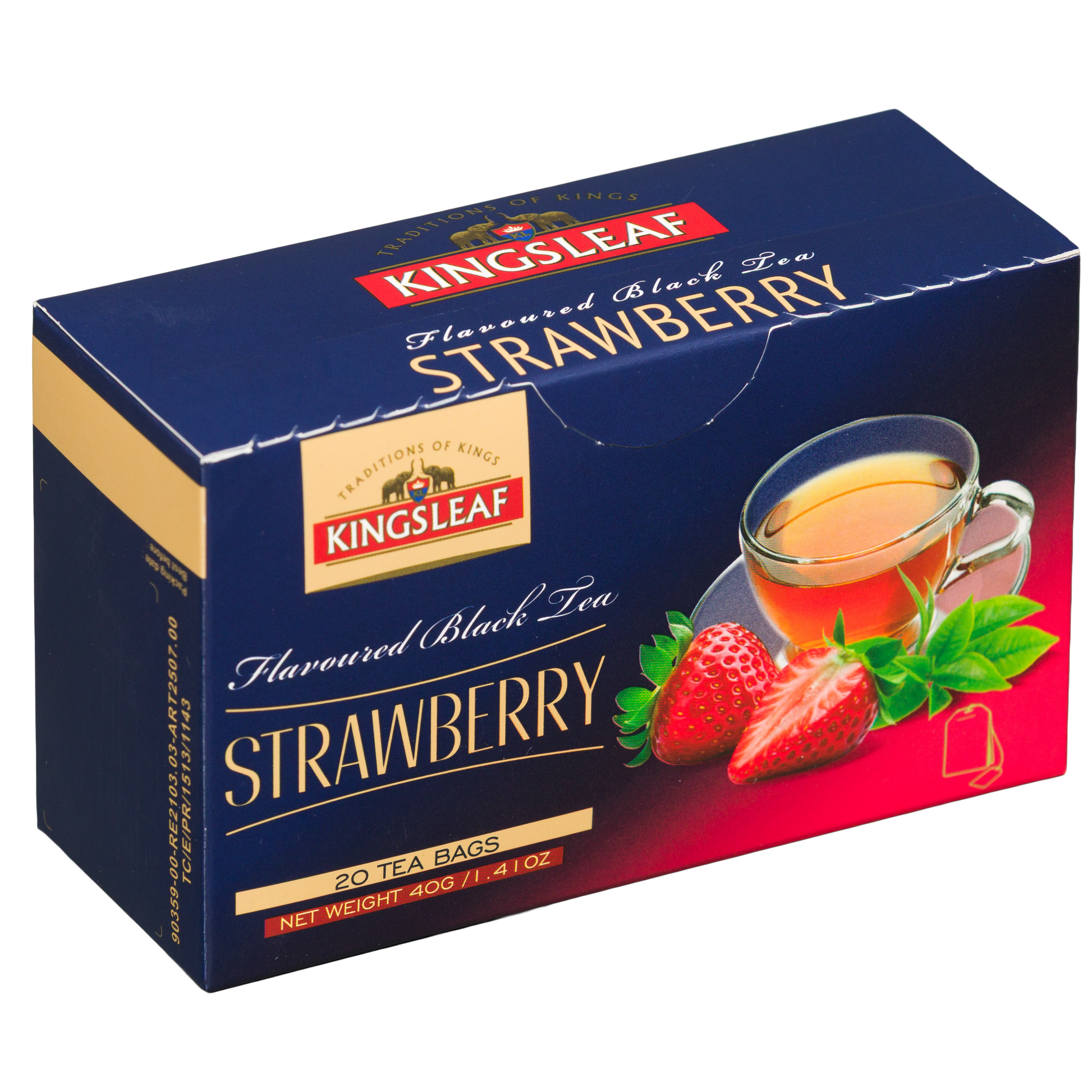 Opakowanie Kingsleaf Strawberry, czarna herbata aromatyzowana truskawką w torebkach, widok pod kątem na pudełko herbaty.