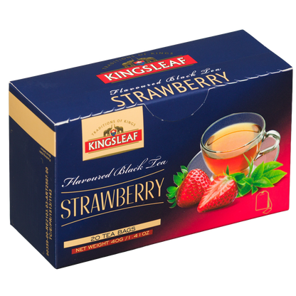 Opakowanie Kingsleaf Strawberry, czarna herbata aromatyzowana truskawką w torebkach, widok pod kątem na pudełko herbaty.