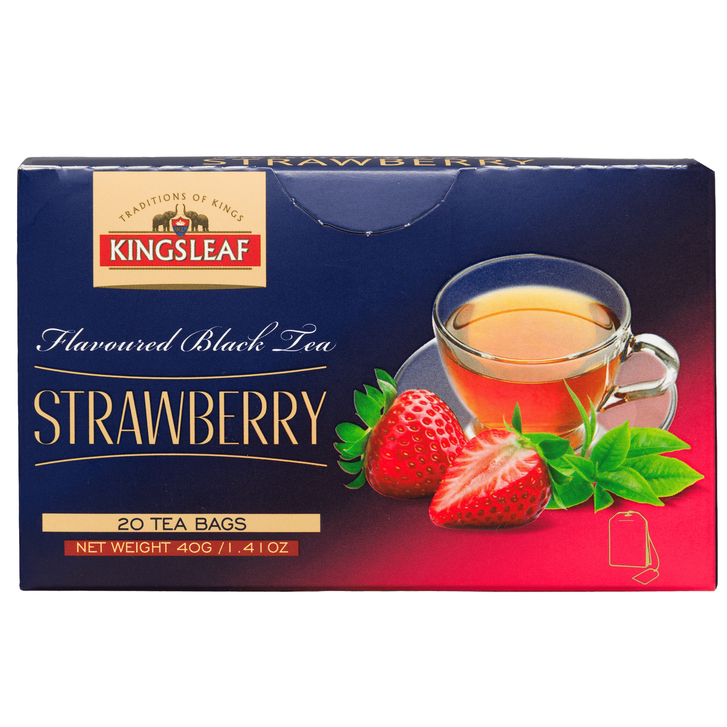 Kingsleaf Strawberry herbata czarna z aromatem truskawkowym, front pudełka z filiżanką naparu, truskawkami i zielonymi liśćmi.