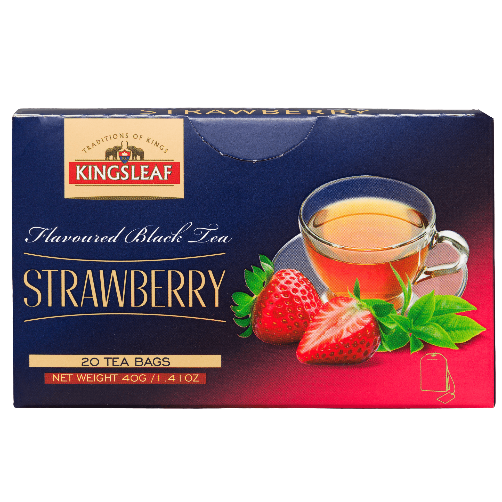 Kingsleaf Strawberry herbata czarna z aromatem truskawkowym, front pudełka z filiżanką naparu, truskawkami i zielonymi liśćmi.