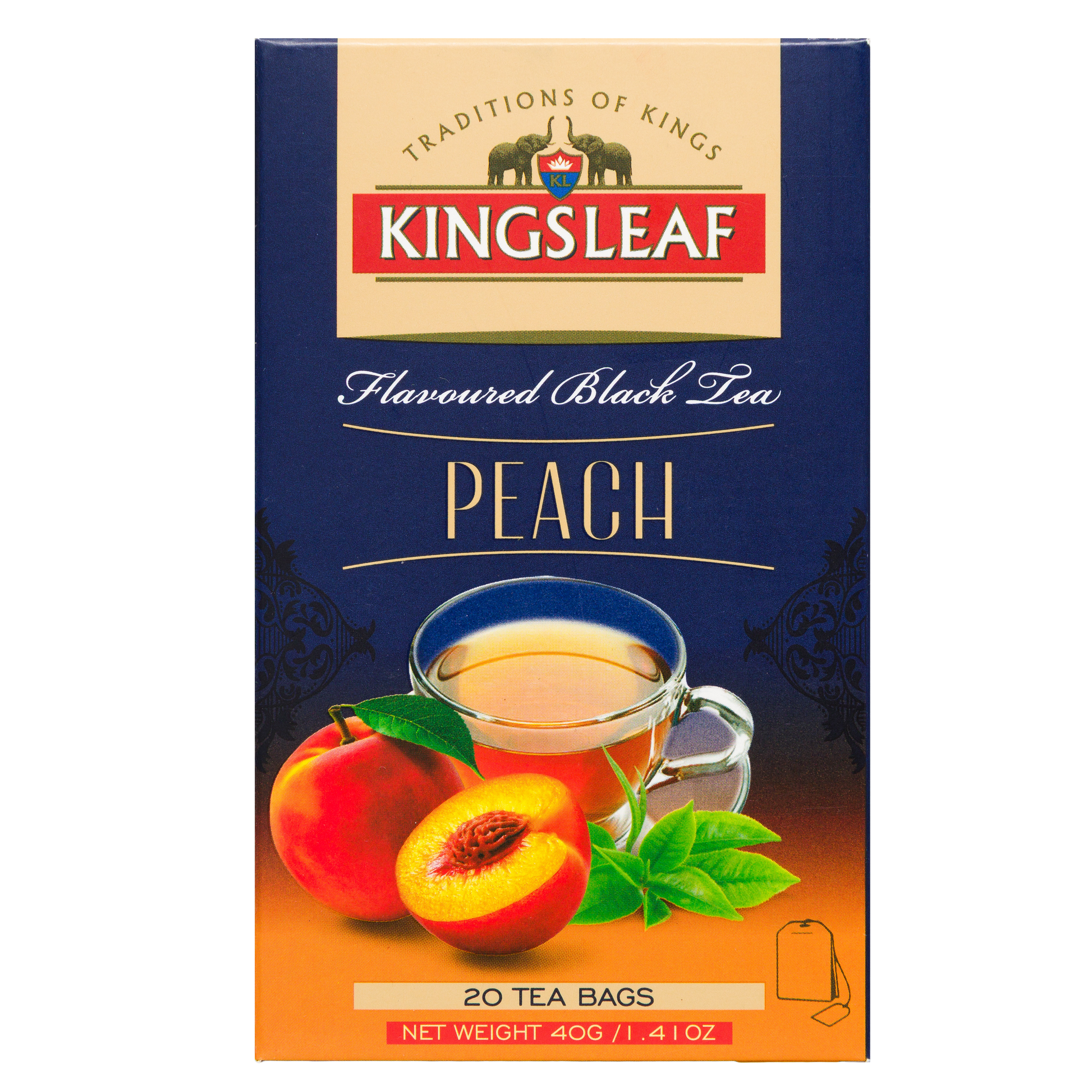 Herbata Kingsleaf Peach w saszetkach, opakowanie z informacjami produktowymi i grafiką brzoskwiń.