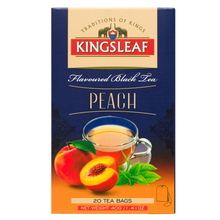 Herbata Kingsleaf Peach w saszetkach, opakowanie z informacjami produktowymi i grafiką brzoskwiń.